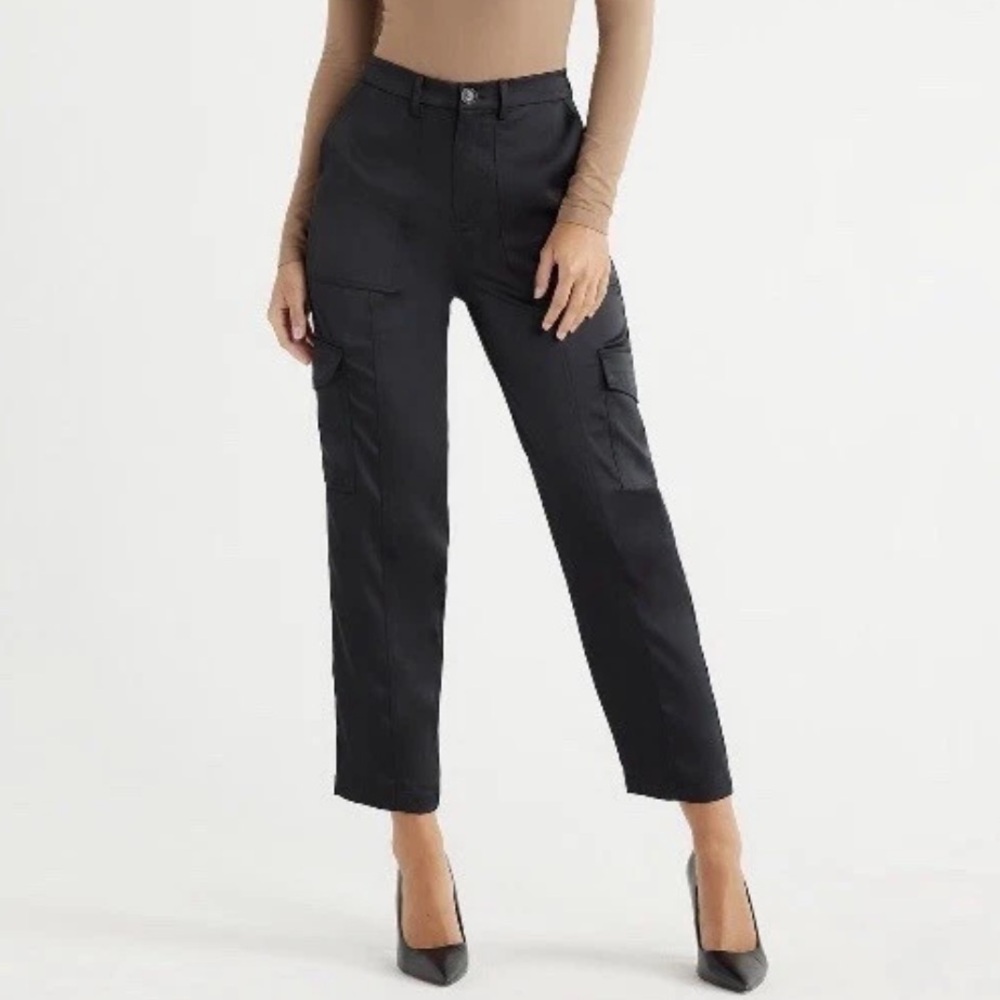 Nwt Sofia Vergara High Rise Black Satin Cargo Pants